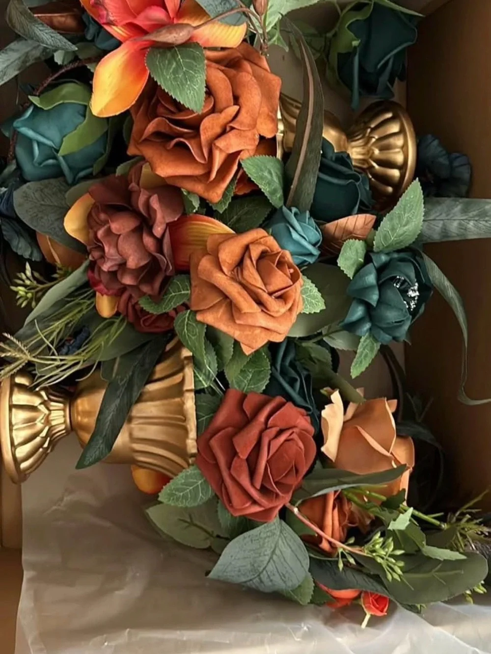Ling's Moment Dark Teal & Burnt Orange Artificial Flowers with Vase (2 set)